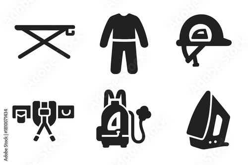 Extreme Ironing Gear. Solid style icons of extreme ironing gear: reinforced ironing board, heat-resistant suit icon, safety