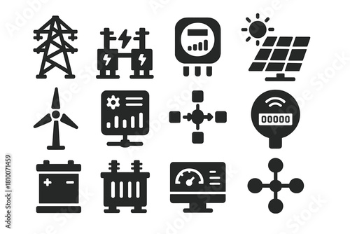 Smart Grid Icons. Solid style icons of smart grids: powerline, substation, energy meter, solar panel, wind turbine, control panel,
