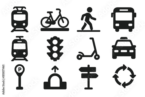 City Transport Icons. Solid style icons of City Transport Solutions: metro train, shared bike, pedestrian path, bus, tram, traffic