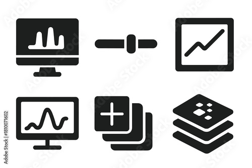 Hyperspectral Lab Icons. Solid style icons of hyperspectral lab interface: data stream monitor, spectral range slider, reflectance