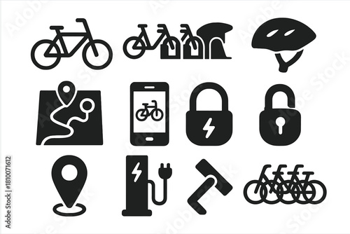 Bike Sharing Icons. Solid style icons of bike sharing: bicycle, docking station, helmet, route map, smartphone app, lock, GPS