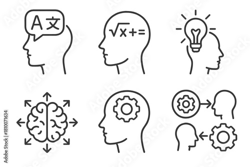 Neuroplasticity Line Icons. Line style icons of learning-related neuroplasticity: language learning symbol, math problem solving,