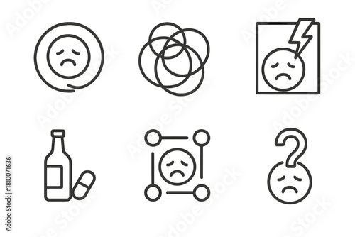 Psychological Condition Icons. Line style icons of psychological conditions treated: depression spiral, anxiety loops, trauma