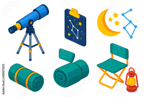 Park Stargazing Setup. Isometric vector illustration set Park activities – stargazing telescope, tripod mount, star chart;