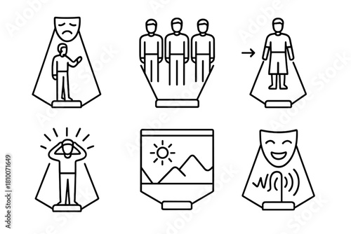 Holographic Theater Icons. Line style icons of holographic theater scenes: dramatic monologue light, group actor projections,