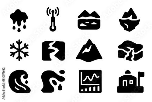 Cryosphere Studies Icons. Solid style icons of Cryosphere Studies: melting ice, climate measurement, glacial lake, iceberg,