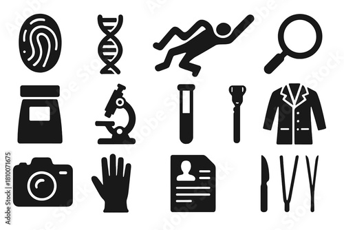 Forensic Analysis Icons. Solid style icons of Forensic Analysis: fingerprint, DNA sample, crime scene outline, magnifying glass,