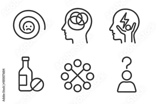 Psychological Condition Icons. Line style icons of psychological conditions treated: depression spiral, anxiety loops, trauma