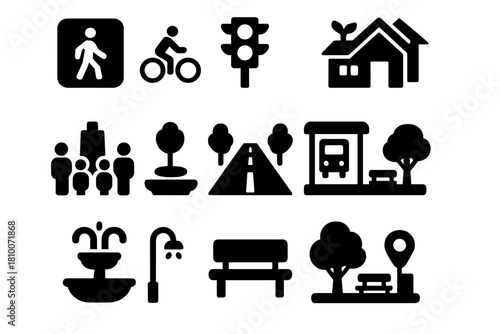 Urban Planning Icons. Solid style icons of urban planning: pedestrian path, bicycle lane, traffic signal, green roof, public