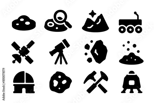 Moon Research Icons. Solid style icons of Moon Research: lunar surface, crater study, ice deposit, rover, satellite, telescope,