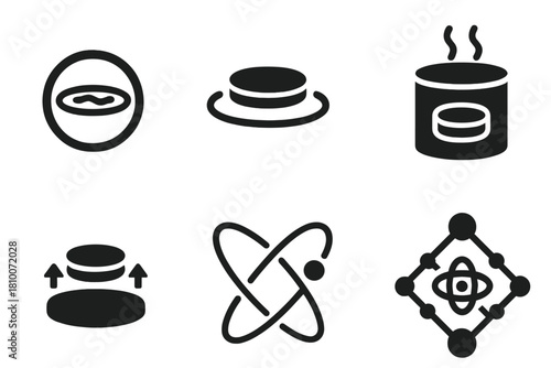 Quantum Levitation Icons. Solid style icons of quantum levitation: quantum field ring, superconducting plate with disc, Meissner