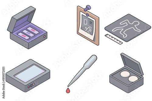 Forensic Science Tools. Isometric vector illustration set Forensic science: UV light box with samples, crime scene photo pinned to
