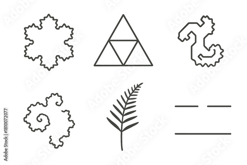 Fractal Icon Set. Line style icons of fractal-based visuals: Koch snowflake, Sierpinski triangle, dragon curve, Julia set,