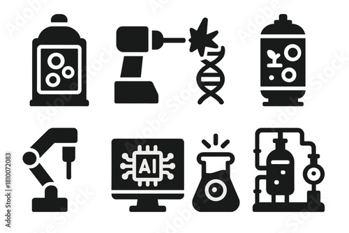 Biotech Equipment Icons. Solid style icons of biotech equipment for reanimation: cryo tank with cells, molecular laser icon,