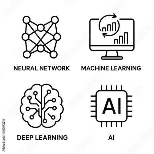 Line icon set for artificial intelligence, including neural network, machine learning, deep learning, and AI chip, for AI technology and data science design.