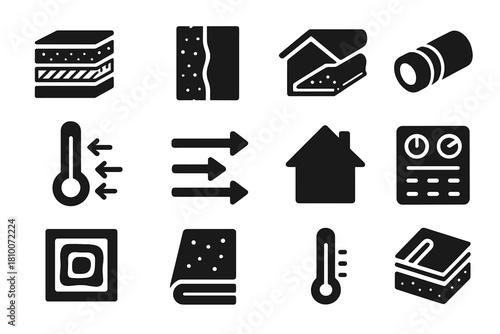 Building Insulation Icons. Solid style icons of building insulation: wall layers, thermal barrier, roof insulation, pipe