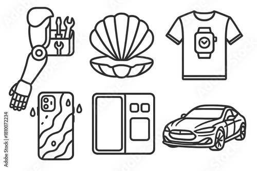 Functional Art Icons. Line style icons of functional + aesthetic fusion: limb with tool compartment, stylish storage shell,