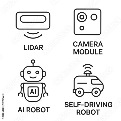 Line icon set for autonomous robotics, including LIDAR, camera module, AI robot, and self-driving robot, for artificial intelligence and navigation design.