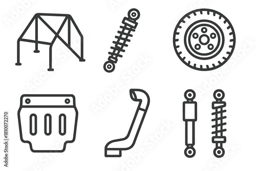 Vehicle Modification Icons. Line style icons of vehicle modifications: roll cage, rally suspension, rally tires, skid plate,