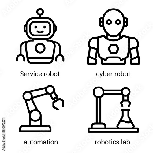Line icon set for robotics, including service robot, cyber robot, automation arm, and robotics lab flask, for technology and science design.