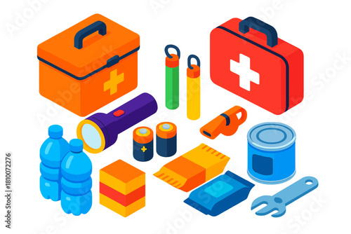 Emergency Kit Essentials. Isometric vector illustration set Disaster preparedness – emergency kit box, first aid kit, flashlight;