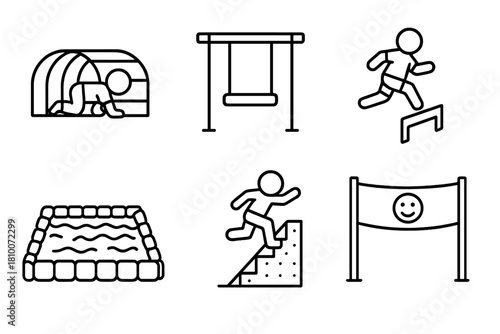 Kids OCR Icons. Line style icons of OCR for kids: child crawling tunnel, small rope swing, mini hurdle hop, padded mud pit, foam