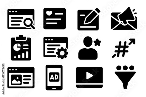 Marketing Strategy Icons. Solid style icons of Marketing Strategy: search engine results, social media post, content strategy,