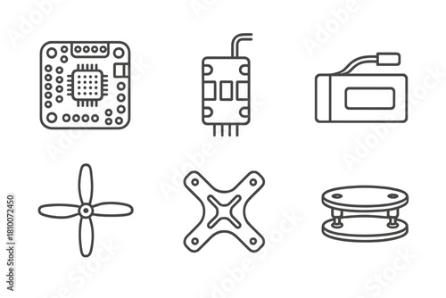 Drone Component Icons. Line style icons of racing drone components: flight controller board, electronic speed controller, LiPo