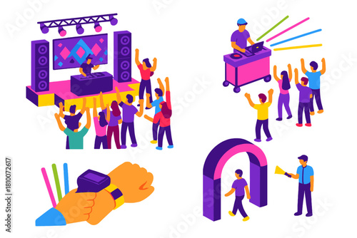 Vibrant Urban Nightlife. Isometric vector illustration set Urban nightlife – electronic dance festival, LED stage, glow sticks;