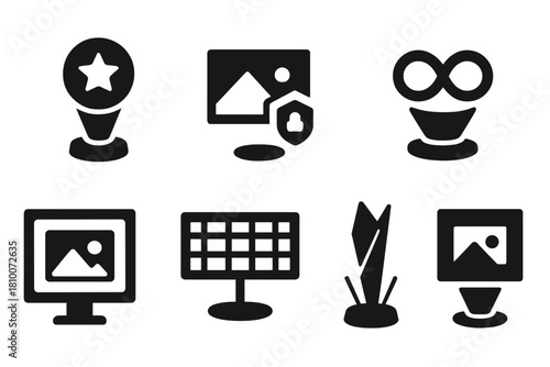 Futuristic Gallery Holograms. Solid style icons of futuristic gallery holograms: floating art badge, 3D encrypted image,