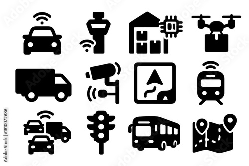 AI Logistics Icons. Solid style icons of AI in Logistics: self-driving vehicle, ATC tower, smart warehouse, delivery drone,