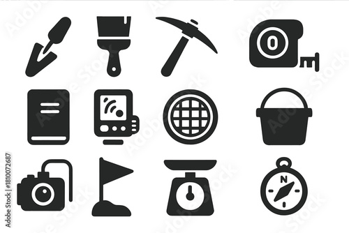 Excavation Tools Icons. Solid style icons of excavation tools: trowel, brush, pickaxe, measuring tape, notebook, sonar device,