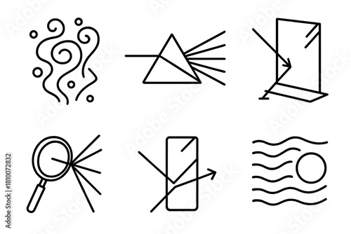 Experimental Painting Icons. Line style icons of experimental painting methods: smoke and light blend, prism beam spread, mirror