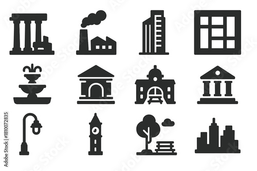 City Evolution Icons. Solid style icons of City Evolution: ancient ruins, factory smokestack, contemporary skyscraper, city grid,