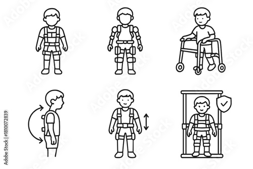 Children's Exoskeleton Icons. Line style icons of children’s exoskeletons: pediatric rehab suit, child-sized exo gear, lightweight