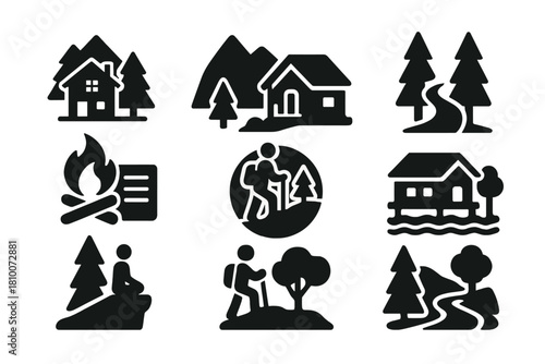Nature Retreat Icons. Solid style icons of nature-based retreats: forest lodge icon, remote cabin with mountain, pathway through