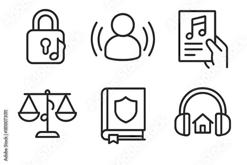 Ethics in Music Therapy. Line style icons of ethics in music therapy: confidentiality lock with notes, client-centered icon,