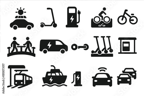 Sustainable Mobility Icons. Solid style icons of Sustainable Mobility: solar car, electric scooter, charging station, bike lane,