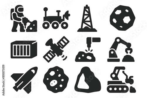 Space Resource Icons. Solid style icons of Space Resource Extraction: asteroid miner, lunar rover, drilling rig, mineral sample,