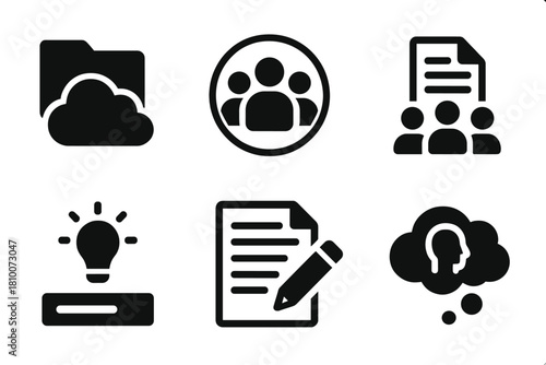 Collaborative Scriptwriting Icons. Line style icons of Crowdsourced Scriptwriting: cloud storage folder, collaborative workspace