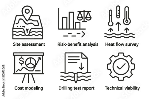 Geothermal Study Icons. Line style icons of geothermal feasibility studies: site assessment icon, risk-benefit analysis chart,