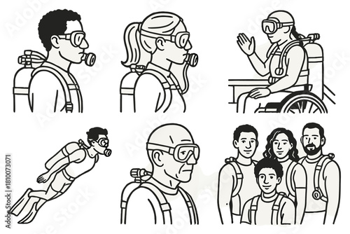 Diverse Diver Icons. Line style icons of divers from different backgrounds: male and female diver profiles, adaptive diver on