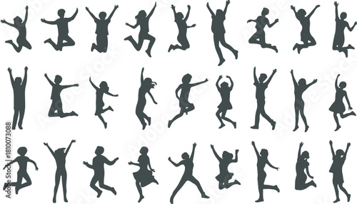 Silhouettes of people jumping and raising their arms