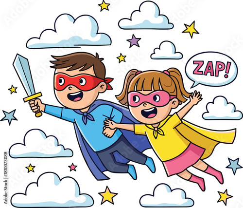 Joyful Young Superhero Boy and Girl Flying Through the Sky with Clouds and Stars, Playing Pretend with a Sword and Shouting "ZAP!" Illustrating Childhood Imagination, Adventure