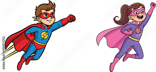 Excited Young Superhero Boy and Girl Flying Together, Wearing Capes and Costumes with Lightning and Star Symbols, Representing Courage, Power, Adventure, and Imagination, Cartoon Vector