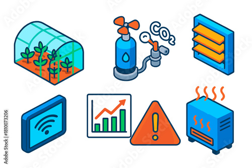 Smart Farming Icons. Isometric vector illustration set Smart farming – greenhouse module, climate sensor, CO₂ injector; vent