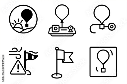High-Altitude Balloon Icons. Line style icons of High-Altitude Ballooning: sunrise balloon shadow, stratospheric sensor tray,
