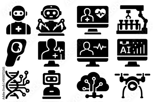 Futuristic Healthcare AI Icons. Solid style icons of futuristic healthcare AI: robotic nurse, AI surgery assistant, holographic