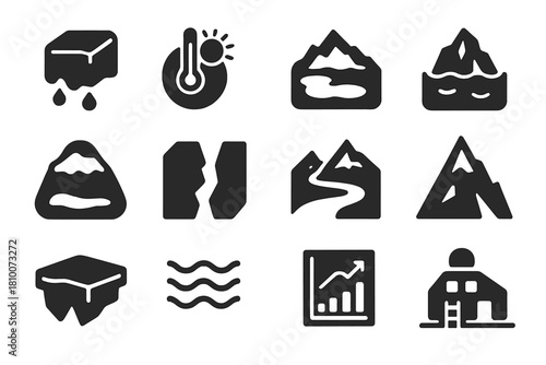 Glacial Research Icons. Solid style icons of Glacial Research: ice melt, climate indicator, lake formed by glacier, iceberg, snow