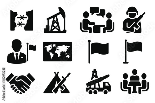 International Conflict Icons. Solid style icons of International Conflicts: disputed border, resource extraction, diplomatic talks